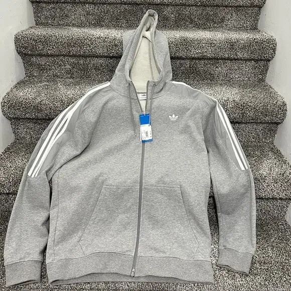 NEW w/Tags! Adidas Men's Gray White Striped Zip up Hoodie Jacket - Size LARGE - Picture 1 of 3